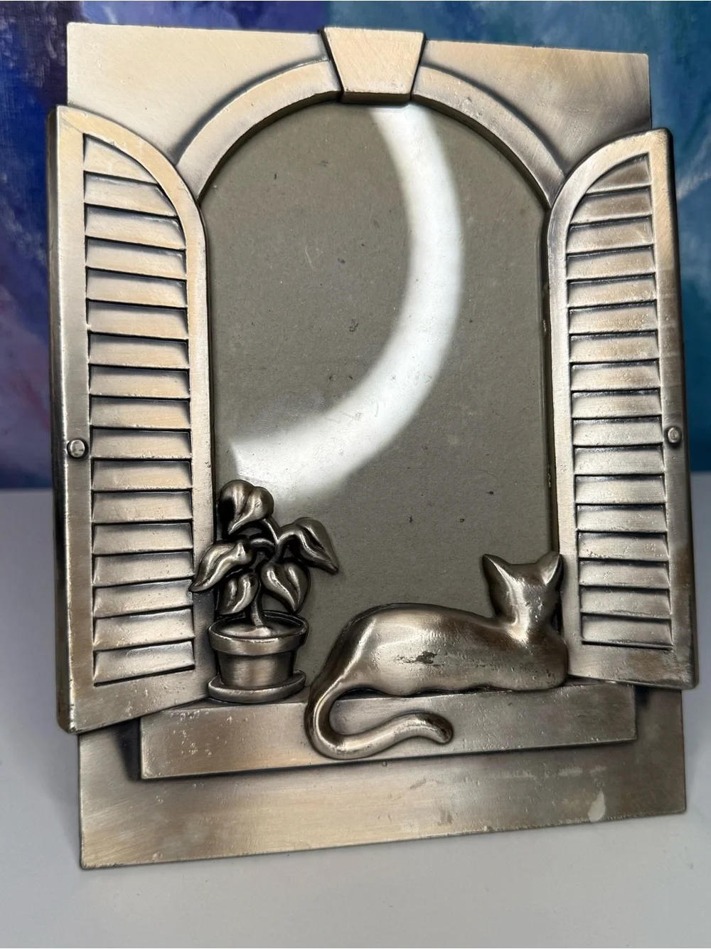 Cat in Window Picture Photo Frame Silver Tone Vintage for 4x6 Photograph Whimsy